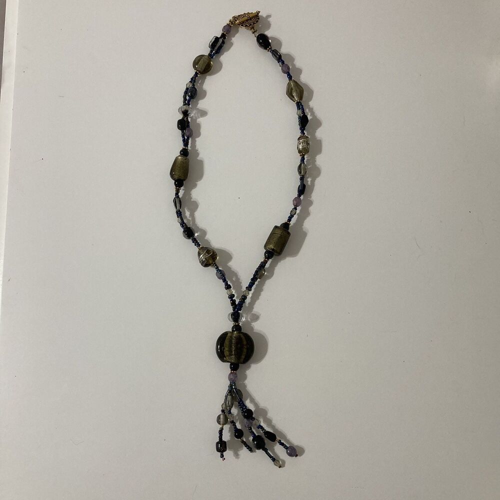 Purple Blue Brown Beaded Bohemian Sautoir Lariat Y Necklace Toggle Gold Tone